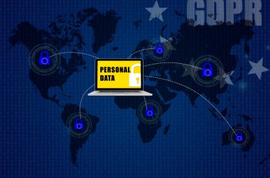 Dünya Haritası ve AB genel veri koruma yönetmeliği veya Gdpr. Avrupa çapında veri gizliliği yasalarına uyum için tasarlanmış simgeleyen asma kilit.
