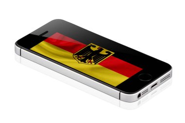 Siyah cep telefonu veya Smartphone ile Almanya bayrağı ekran, cep telefonu beyaz arka plan üzerinde izole. gerçekçi illüstrasyon.