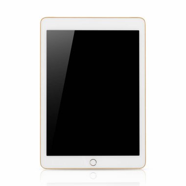 Beyaz arka plan üzerinde izole boş siyah perde ile dijital tablet.
