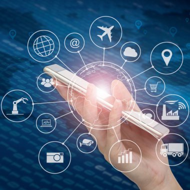Internet şeyler (çok) word ve nesneleri simge birbirine, kavram, ağ Internet bağlama ile akıllı telefon bağlanmak global kablosuz cihazlar birbirleriyle.
