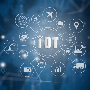 Internet of things (IOT) word and objects icon connecting together with abstract technology background, Internet networking concept, Connect global wireless devices with each other. clipart