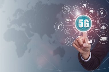 İş el 5 g ağ kablosuz sistemleri ve internet şeyler, akıllı şehir ve iletişim dokunmadan Connect global kablosuz cihazlar birbirine, bağlama sanal ekranda ağ.