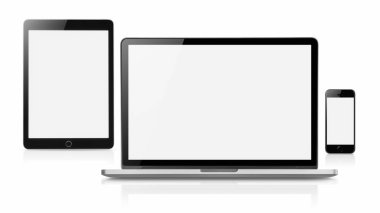 Dizüstü mockup boş ekran beyaz arka plan üzerinde kavram mockup izole ile smartphone ve tablet. Boşaltmak için metin.