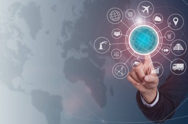 İş el şeylerin (çok) nesneleri birbirine bağlama simgesi, Internet ağ kavramı, birbirleri ile bağlan global kablosuz cihazlar ile sanal ekran üzerinde Internet dokunmadan.