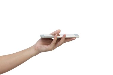 Kadının içinde altın akıllı telefonlar üzerinde izole beyaz arka plan el  