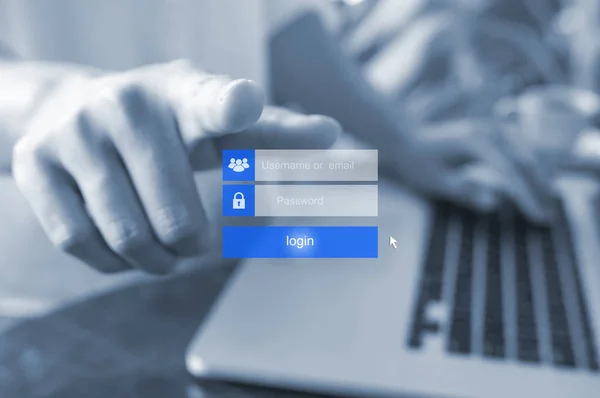 Finger of woman using login interface on touch screen. Touching login box, username and password inputs on virtual digital display, blue tone.