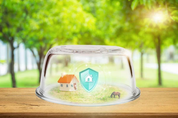 Property insurance, Toy house in glass dome on wooden floor. Shield protection Property icon on virtual screen, against blurred natural on backdrop, Concept of insurance.