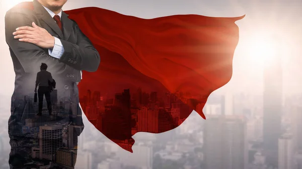 Double Exposure Businessman Superhero Skyline Concept Success Leadership Victory Business — Stock Photo, Image