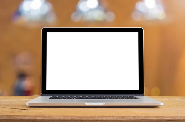 Espaço Trabalho Conceitual Laptop Com Tela Branco Tabela — Fotografia de Stock