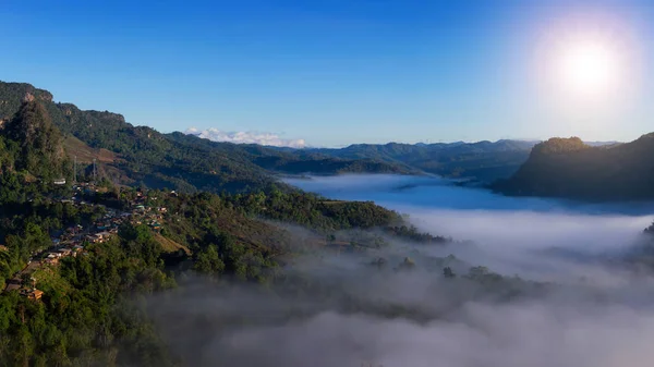 Panorama Paesaggio Montano Con Nebbia Mattino Punto Vista Baan Jabo — Foto Stock