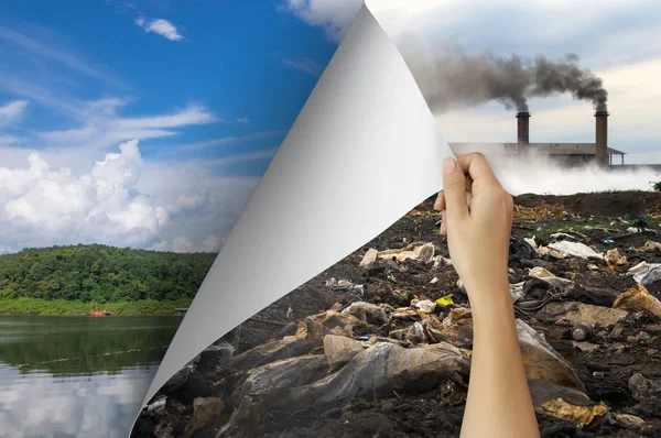 Change Concept Woman Hand Turning Pollution Page Revealing Nature Landscape — Stock Photo, Image