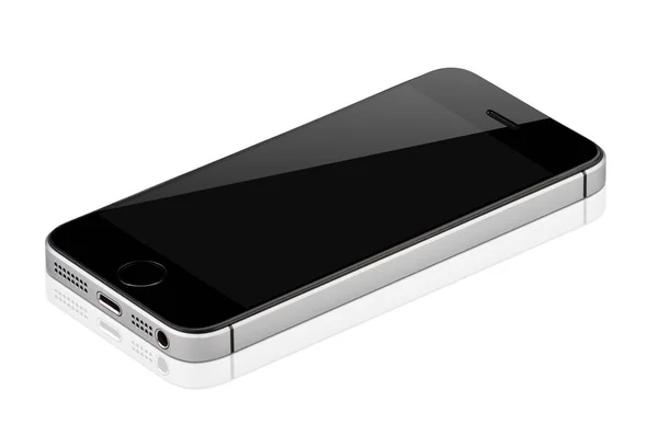 Zwarte Mobiele Geïsoleerd Met Reflectie Witte Achtergrond Tegen Zwart Leeg — Stockfoto