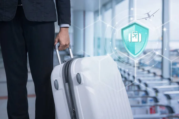 Travel Insurance Shield Protection Travel Virtual Screen Businessman Suitcase Airport — Stock Photo, Image