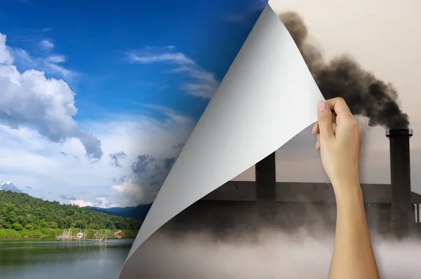 Change Concept Woman Hand Turning Pollution Page Revealing Nature Landscape — Stock Photo, Image