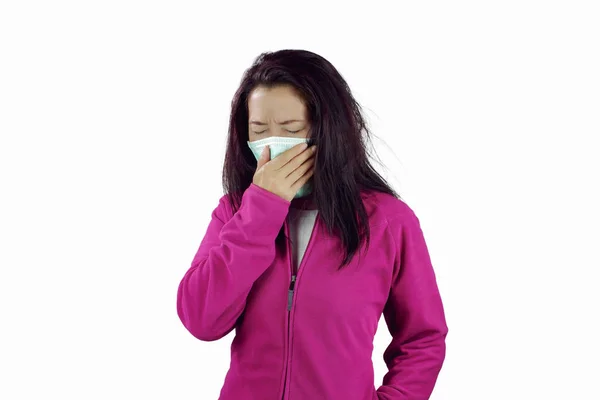 Woman Flu Woman Dressed Pink Clothing Wearing Mask Isolated White — Stok fotoğraf