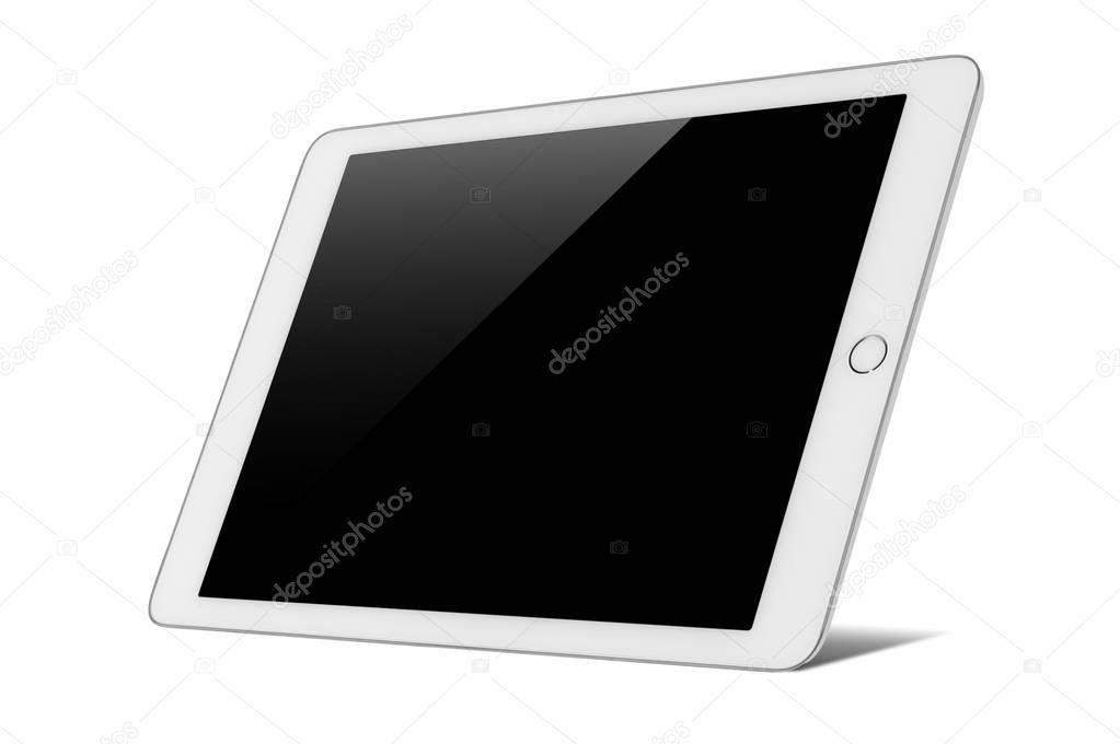 Digital tablet computer with Blank black screen, The frame is Bourne Silver in color, with clipping path isolated on white background.