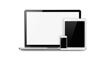 Dizüstü mockup boş ekran beyaz arka plan üzerinde kavram mockup izole ile smartphone ve tablet. Boşaltmak için metin.
