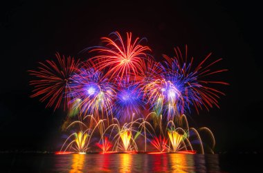 Kara gökyüzü arka planında renkli havai fişekler.