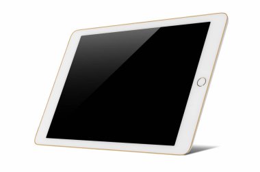 Beyaz arka plan üzerinde izole boş siyah perde ile dijital tablet.