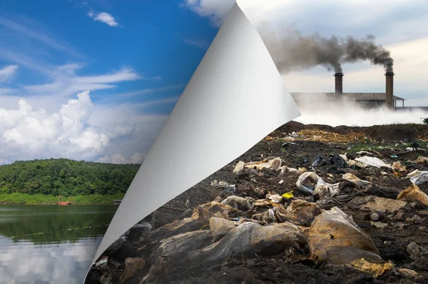 Mudança Conceito Papel Virando Página Poluição Revelando Paisagem Natureza Mudando — Fotografia de Stock