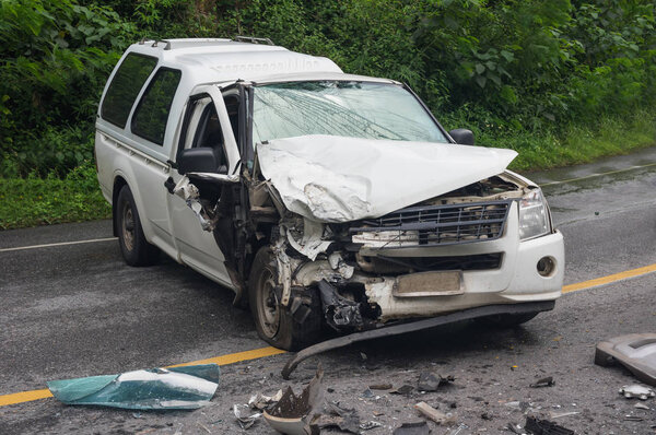 car crash accident on street, damaged automobile after collision on the road.
