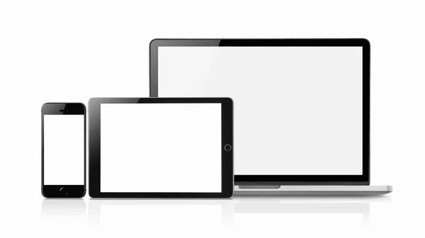 Computadora Portátil Smartphone Tablet Maqueta Con Pantallas Blanco Aisladas Sobre — Foto de Stock