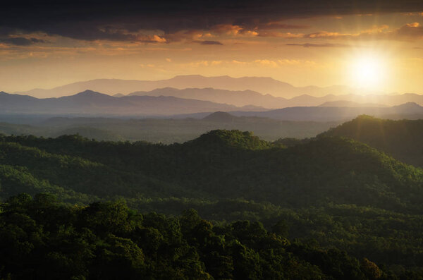 Mountains with warm light in mae moh, Lampang, Thailand.