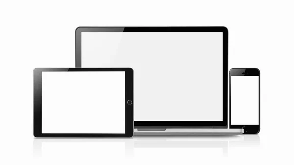 Laptop Smartphone Och Surfplatta Mockup Med Blank Skärm Isolerad Vit — Stockfoto