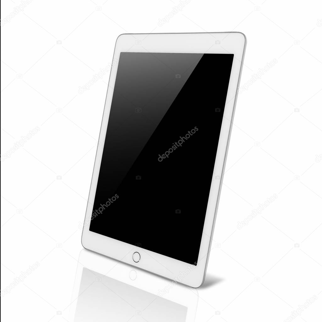 Digital tablet with Blank black screen, The frame is Bourne Silver in color, with clipping path isolated on white background.