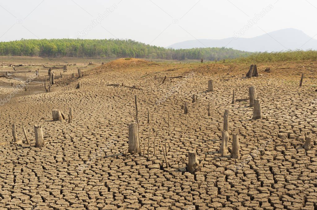 Global warming, Drought in the summer, the ground is dry reservoir of Mae Moh, Lampang, Thailand.