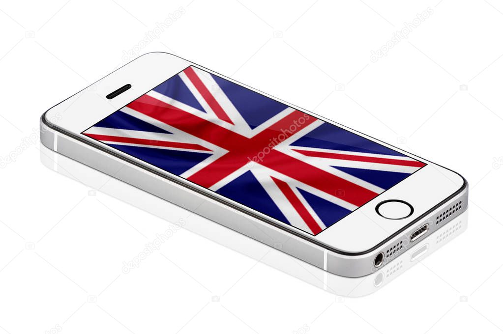 White Mobile Phone or Smartphone with flag of United Kingdom on screen, Mobile phone isolated on white background. realistic illustration.