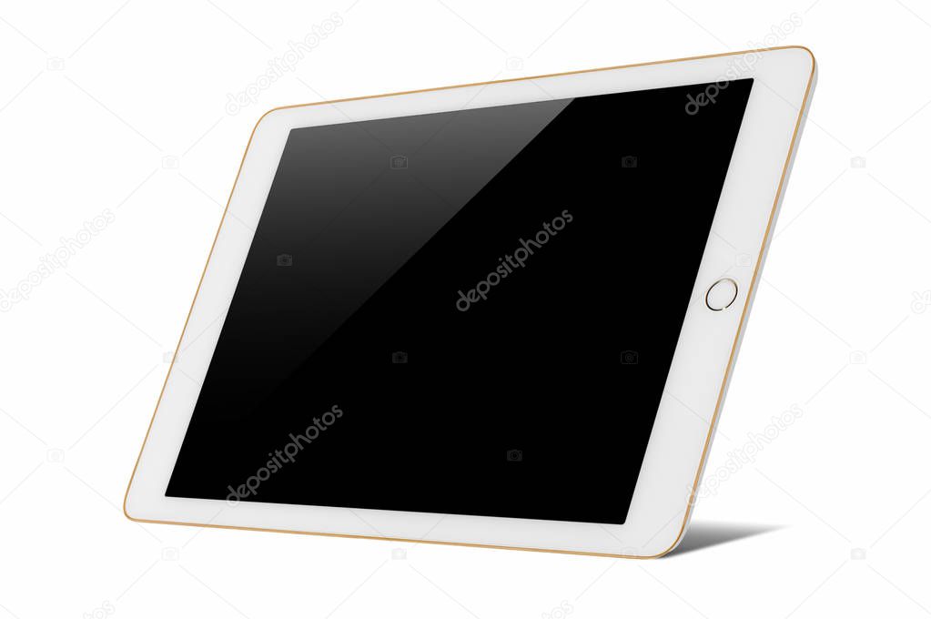 Digital tablet with blank black screen isolated on white background.