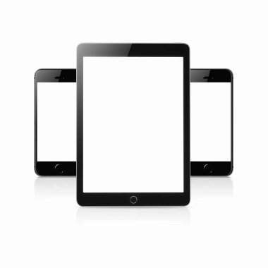Tablet ve akıllı telefonlar mockup ile beyaz arka plan üzerinde kavram mockup izole boş perde. Boşaltmak için metin.