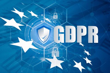 Koruma kalkanı ve simge kilit AB bayrağı içinde AB genel veri koruma yönetmeliği veya Gdpr. Avrupa çapında veri gizliliği yasalarına uyum için tasarlanmış simgeleyen AB harita üzerinde.