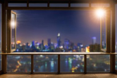 Güzel boş kahve dükkanı veya kafe, Restoran montaj ürün için bulanık bangkok şehir görünümü çerçevede görüntülemek veya anahtar görsel düzen, Güneş doğarken tasarım.