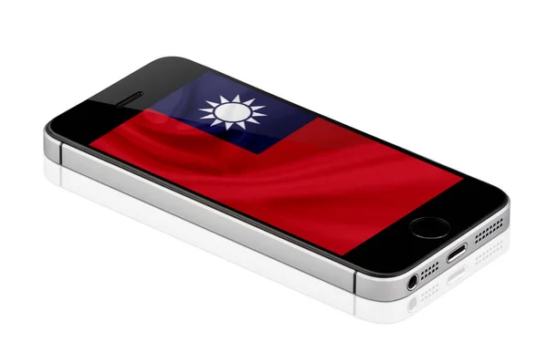 黑色手机或智能手机与台湾国旗在屏幕上 手机查出的白色背景 逼真的插图 — 图库照片
