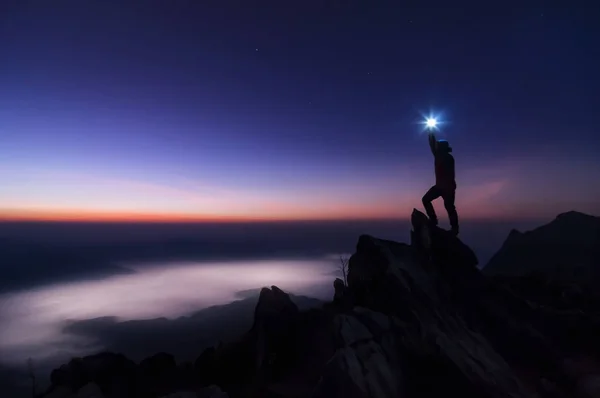 Silhouette Climber Backpacker Standing Rocky Mountain Peak Sunrise Success Winner — Stock Photo, Image