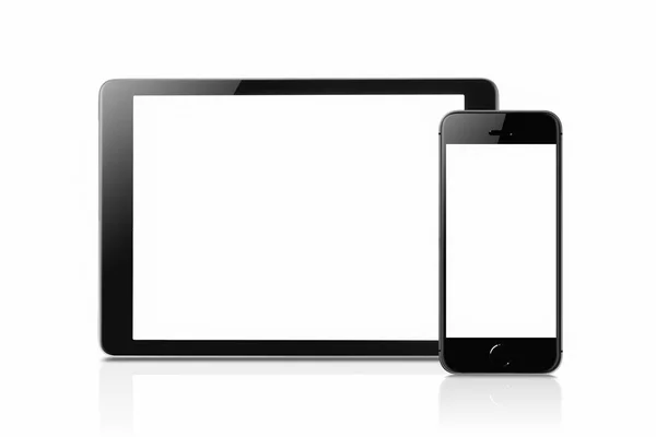 Tablet Und Smartphone Attrappe Mit Leeren Bildschirmen Auf Weißem Hintergrund — Stockfoto