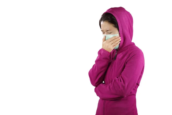 Mulher Com Gripe Mulher Vestida Rosa Usando Máscara Isolada Fundo — Fotografia de Stock