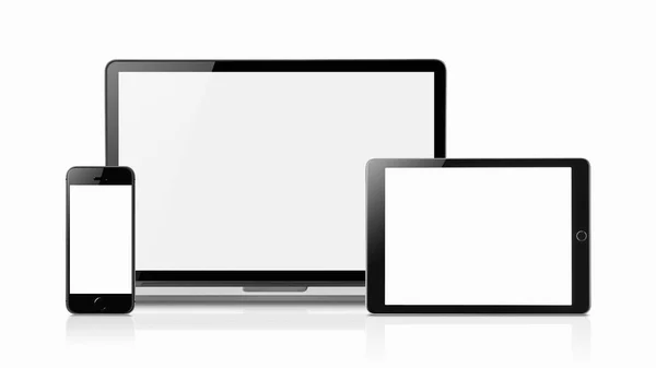 Laptop Smartphone Tablet Mockup Com Tela Branco Isolado Fundo Branco — Fotografia de Stock