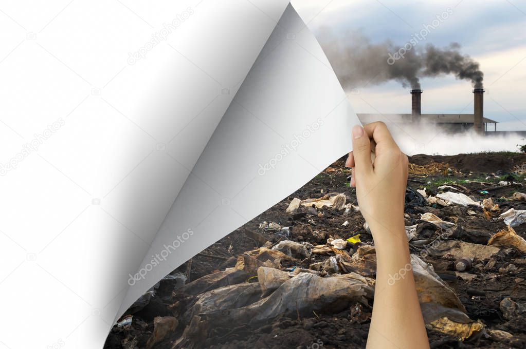 Change concept, Woman hand turning pollution page to blank paper page, changing reality, hope inspiration,environmental protection, change weather, environmental campaign.