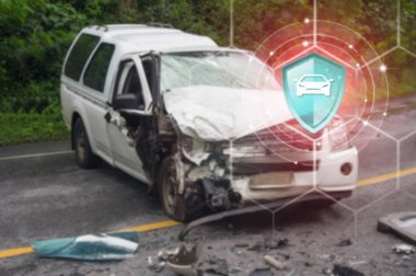 Car Insurance, Shield protection vehicle on virtual screen against Car crash accident  on backdrop, Concept of insurance, Online insurance digital technology. clipart