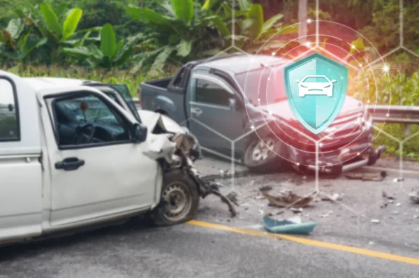Pojištění Auta Štít Ochrany Vozidla Virtuální Obrazovce Proti Krachu Autonehoda — Stock fotografie