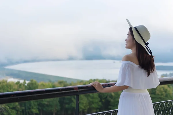 Beautiful Woman Wearing White Dress Posing Viewpoint Coal Power Plant — Stock Photo, Image