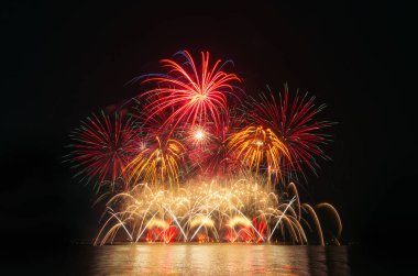 Kara gökyüzü arka planında renkli havai fişekler.