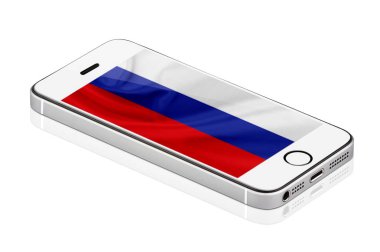 Beyaz cep telefonu veya Smartphone ekranında, cep telefonu beyaz arka plan üzerinde izole Rusya'nın bayrağı ile. gerçekçi illüstrasyon.
