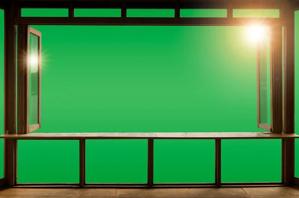 Pięknym Tarasem Minimalistycznym Stylu Widokiem Zielony Ekran — Zdjęcie stockowe