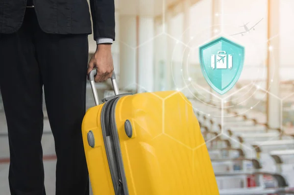 Travel Insurance Shield Protection Travel Virtual Screen Businessman Suitcase Airport — Stock Photo, Image