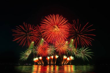 Kara gökyüzü arka planında renkli havai fişekler.