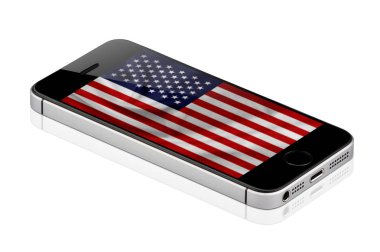 Siyah cep telefonu veya Smartphone ekranında, cep telefonu beyaz arka plan üzerinde izole Amerika Birleşik Devletleri bayrağı ile 